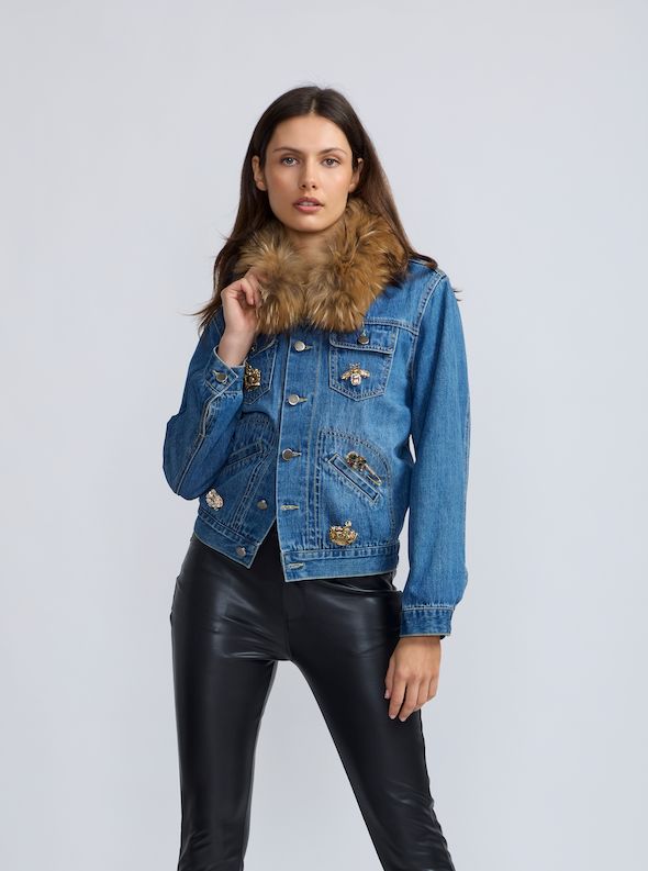 FUR TRIM DENIM JACKET WITH DETAILED BROOCHES, Color: BLUE, SIZE: XS