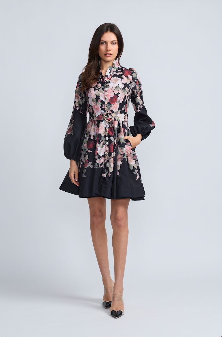 FLORAL ROSE BELTED SHORT DRESS, Color: BLACK, SIZE: XS