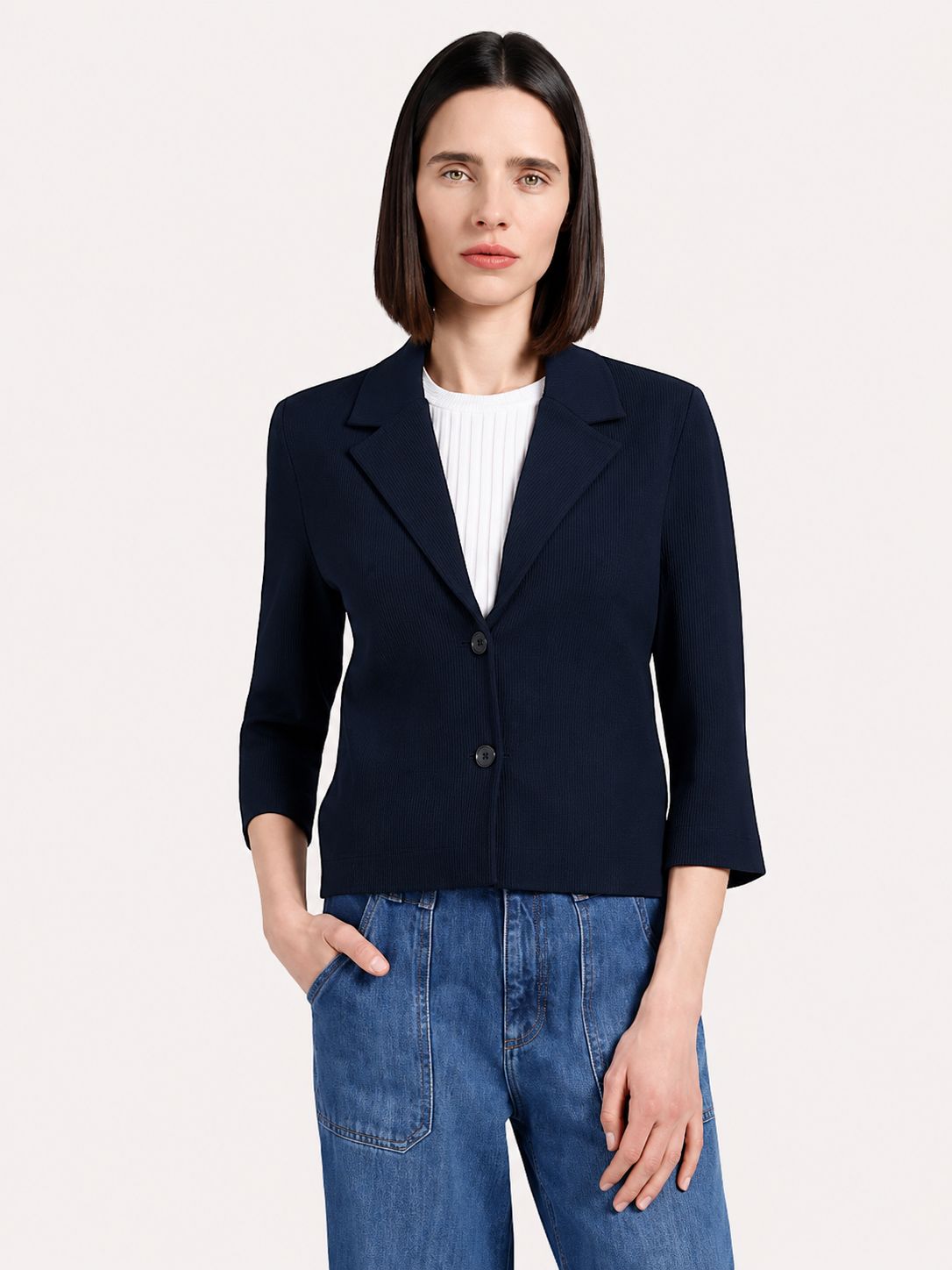 VISCOSE BLEND SHRUNKEN BLAZER, Color: NAVY, SIZE: XS