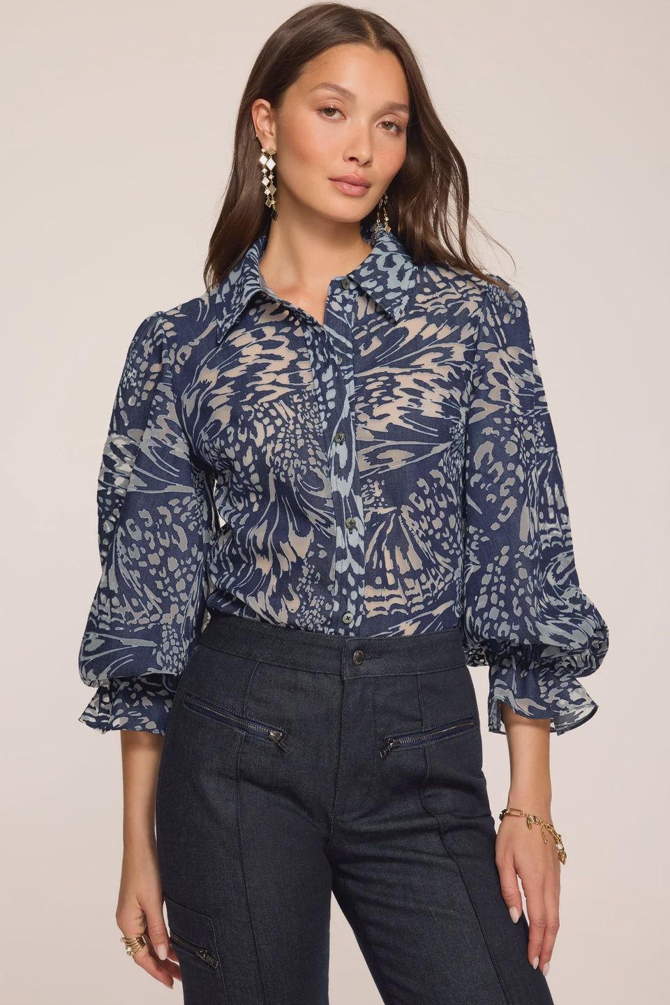 JOY PRINTED LONG SLEEVE BLOUSE, Color: NAVY BURNOUT, SIZE: XS