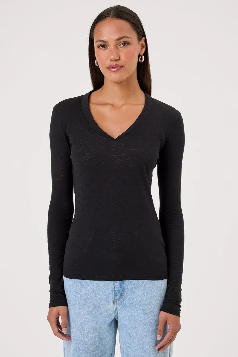 SERENITY LONG SLEEVE V NECK TEE, Color: BLACK, SIZE: XS