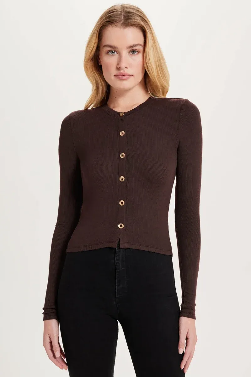 MARINA RIBBED CROP CARDIGAN, Color: COFFEE, SIZE: XS