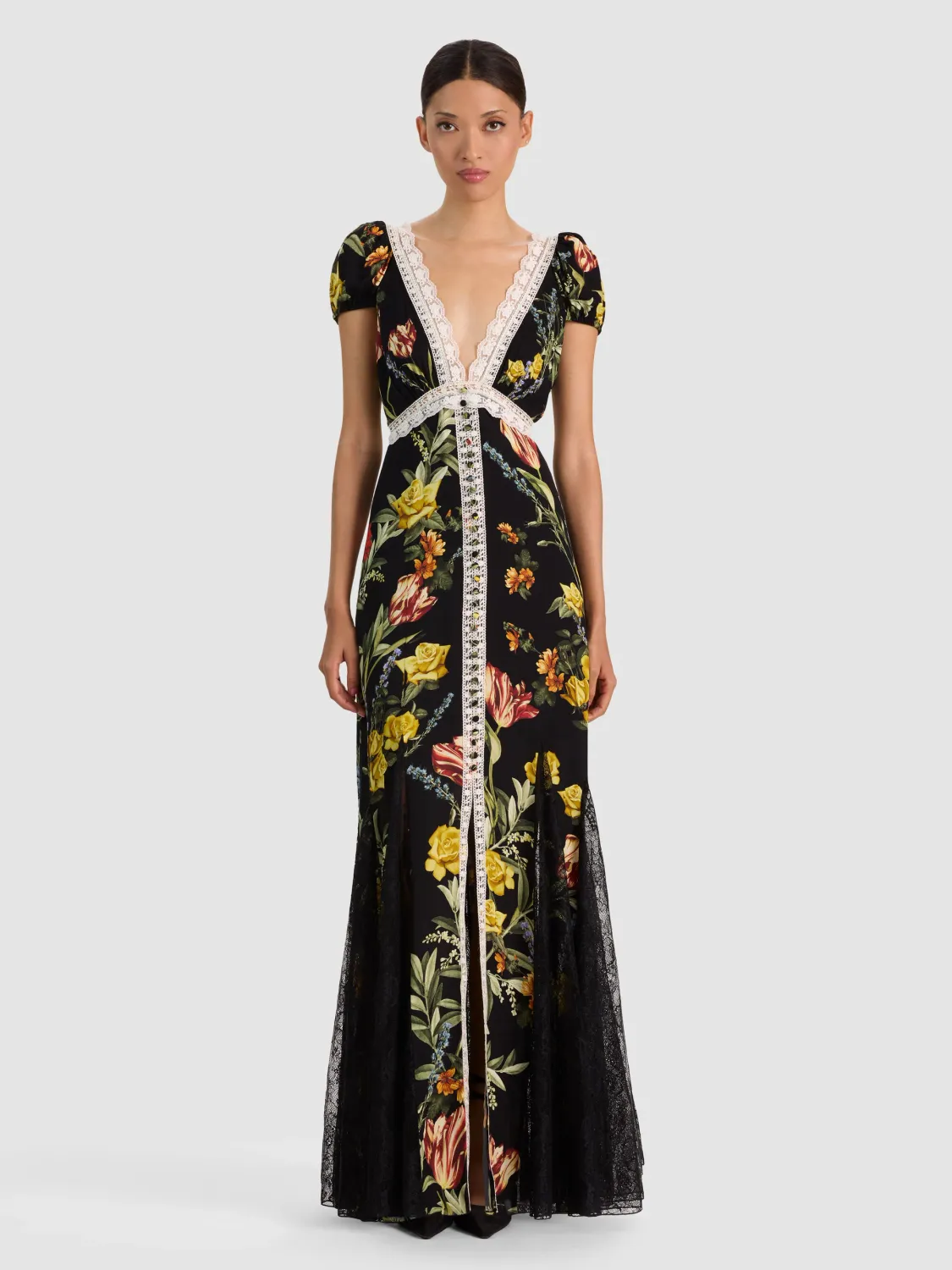 ROSE BUTTON FRONT MAXI DRESS, Color: DESERT SPRIGS BLACK, SIZE: 2