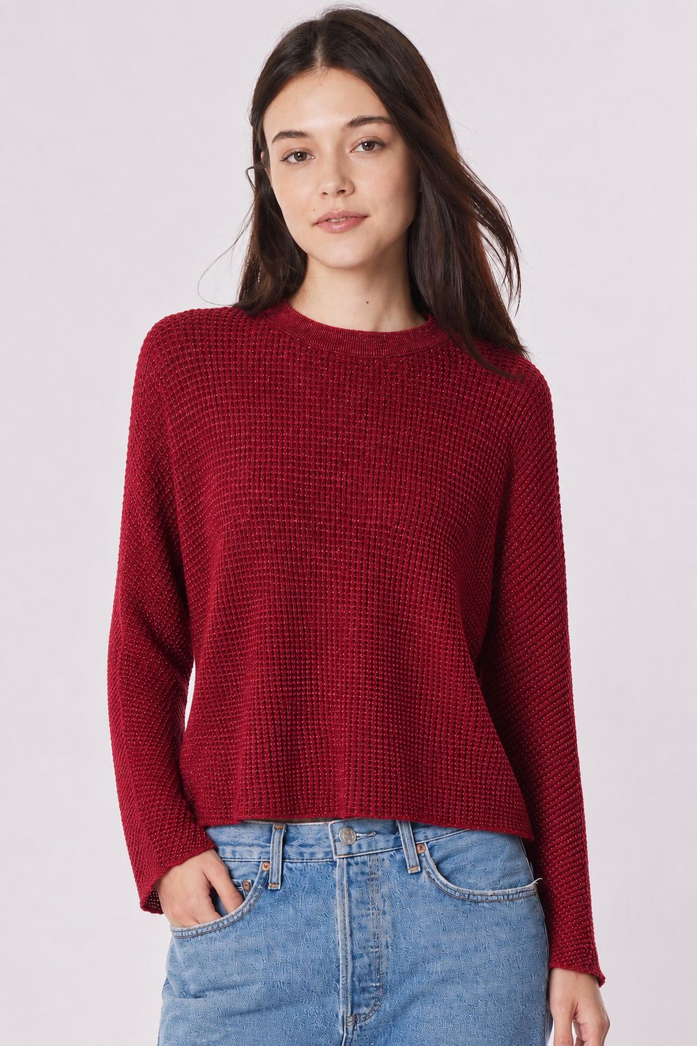 LUSH WAFFLE KNIT CREW L/S DOLMAN, Color: TIBETAN RED, SIZE: XS