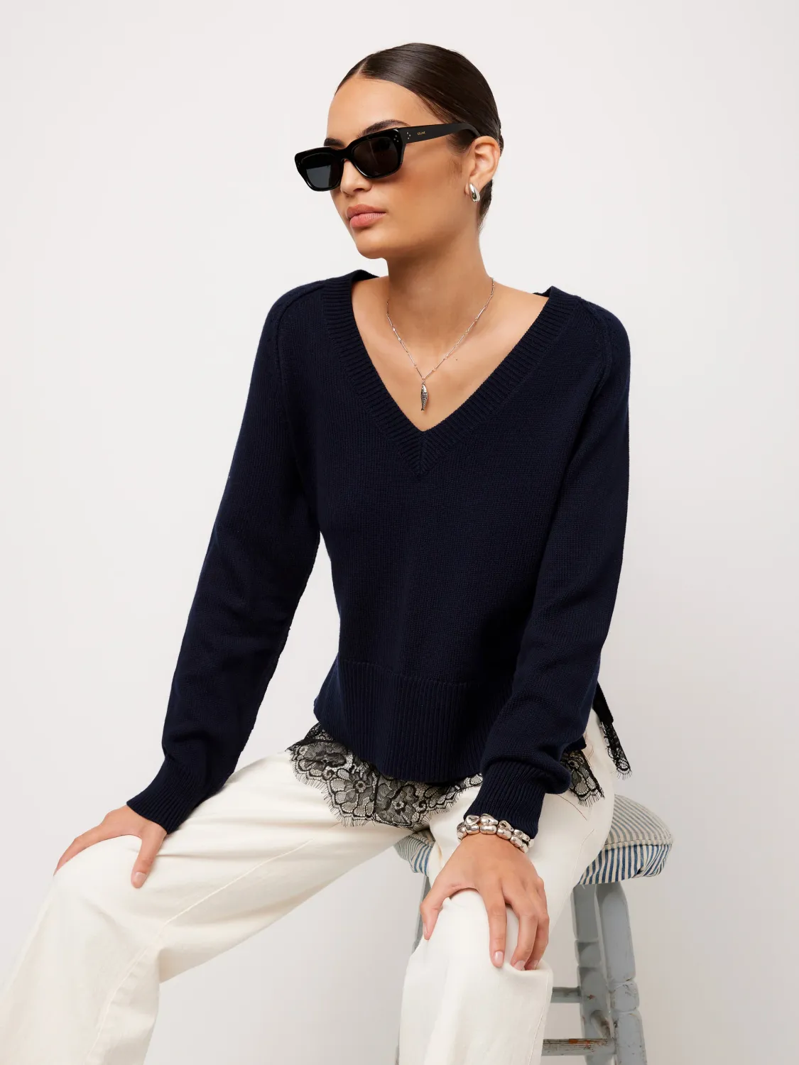 CAMILA LACE LAYERED SWEATER, Color: NAVY, SIZE: XS