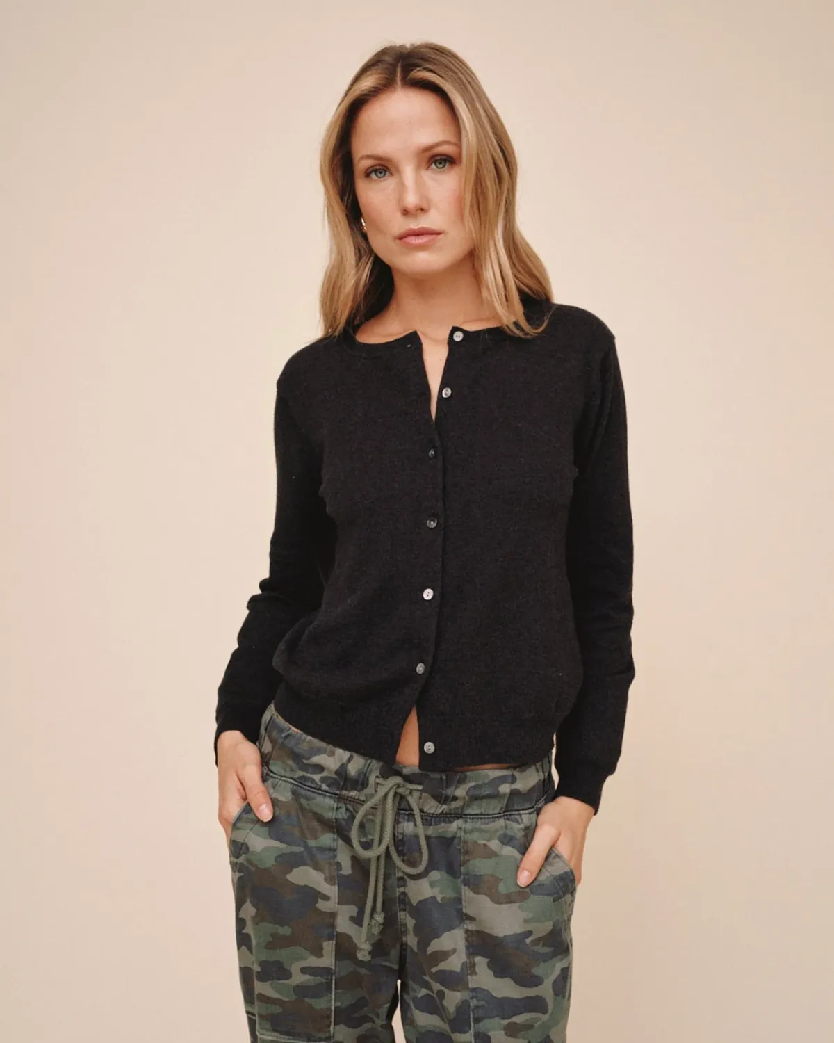 CREW NECK CARDIGAN, Color: VINTAGE BLACK, SIZE: XS