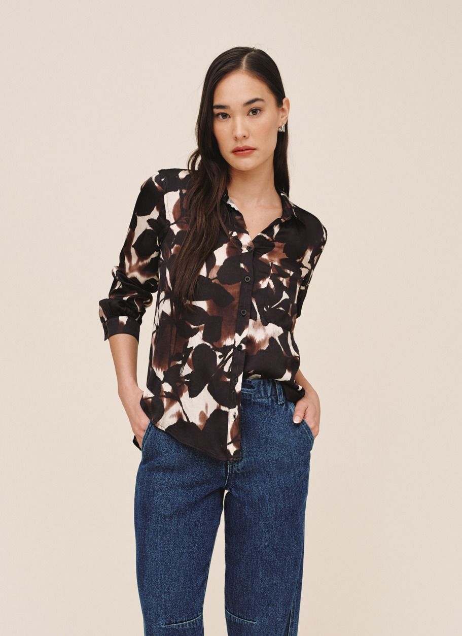 LONG SLEEVE ROUND HEM BUTTON DOWN, Color: SHADOW FLORAL PRINT, SIZE: XS