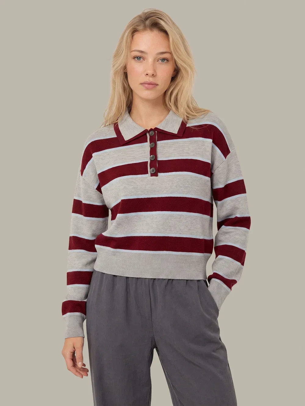 VERA DOUBLE JOHNNY COLLAR RUGBY STRIPE PULLOVER, Color: GREY PEARL COMBO, SIZE: XS
