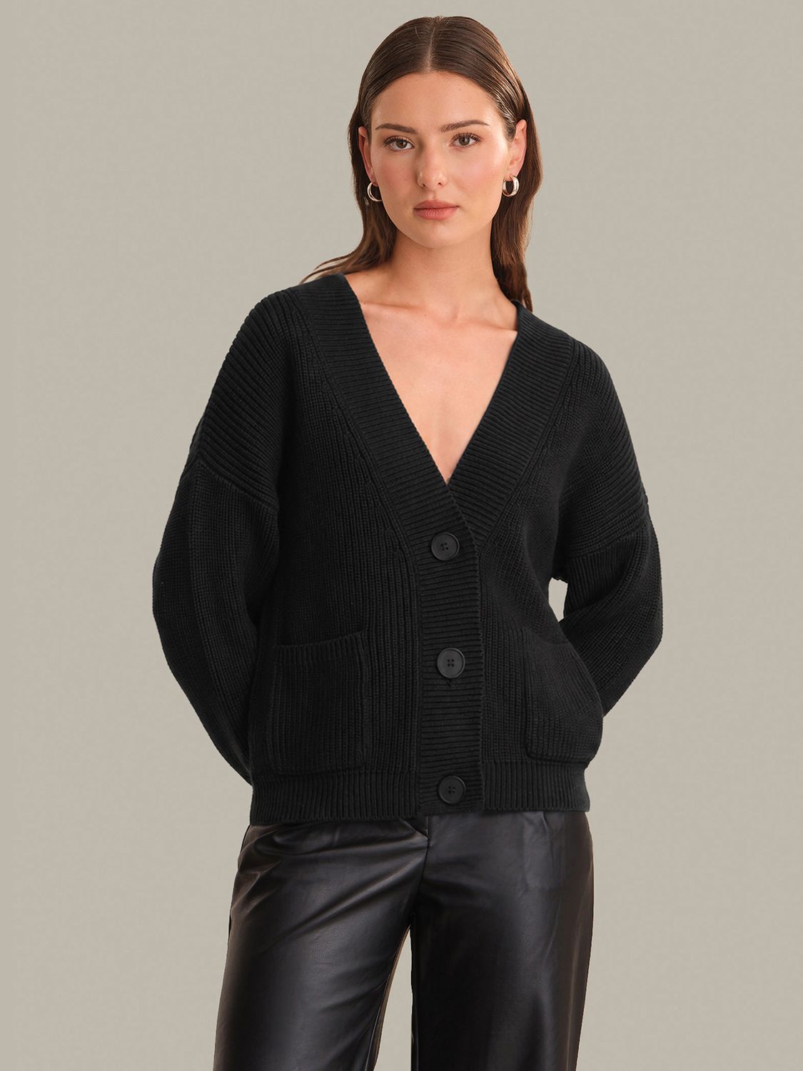CELESTE RELAXED POCKET CARDIGAN, Color: BLACK, SIZE: XS