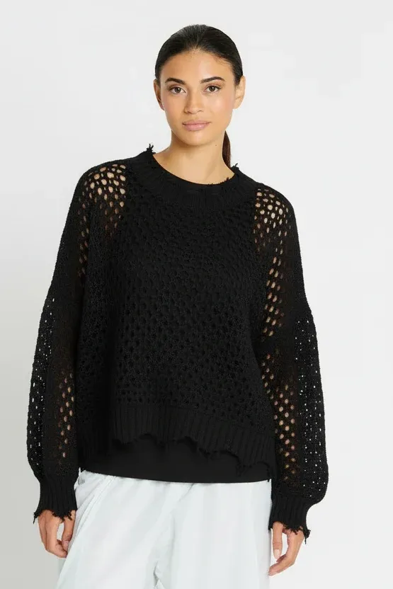 PIMA COTTON HAMPTONS CREWNECK CROCHET SWEATER, Color: BLACK, SIZE: OS