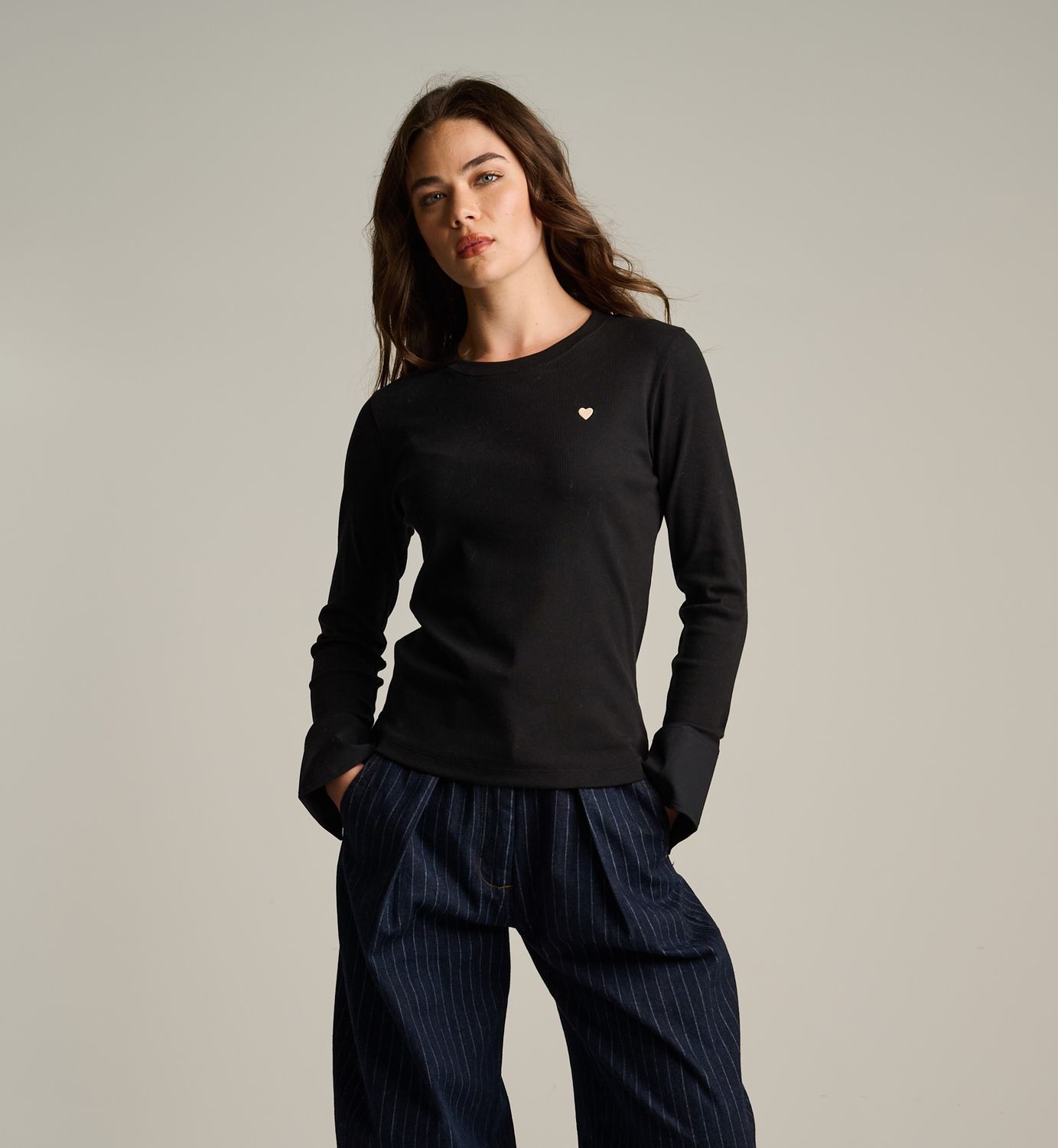 PURE RIB CUFF TOP, Color: BLACK, SIZE: XS