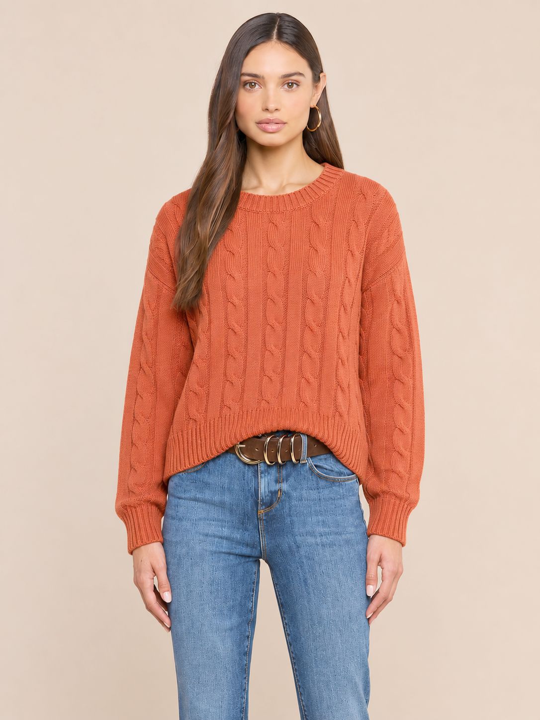 ACID WASH CABLE CREW - SIENNA, Color: SIENNA, SIZE: XS