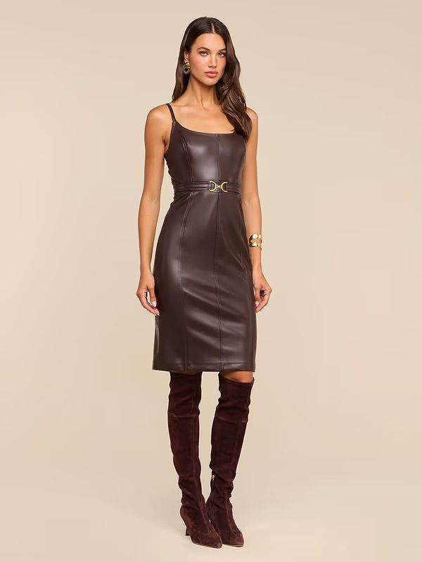 HALIA BUCKLE MIDI DRESS, Color: COFFEE BEAN, SIZE: 2