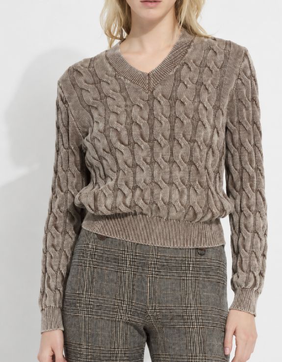 FARRAH SUNWASHED V-NECK SWEATER, Color: FROSTED COCOA, SIZE: XS