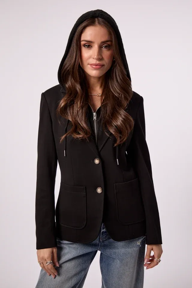 TOASTY BLAZER WITH CABLE KNIT INSERT, Color: BLACK, SIZE: XS