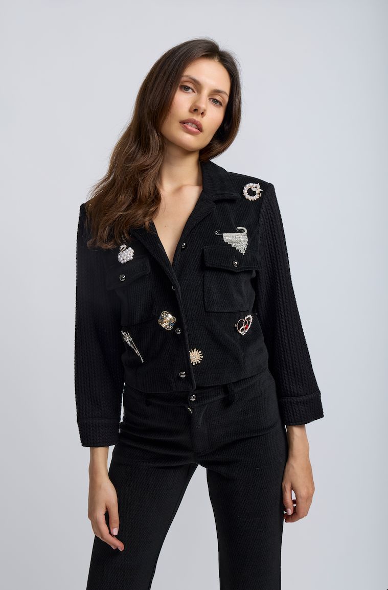 CORDUROY BROOCH DETAIL SHORT JACKET, Color: BLACK, SIZE: XS