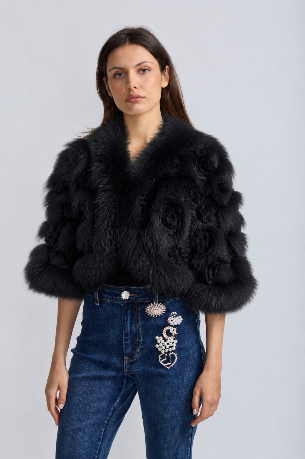 RABBIT ROSET/FOX TRIM BOLERO, Color: BLACK, SIZE: S
