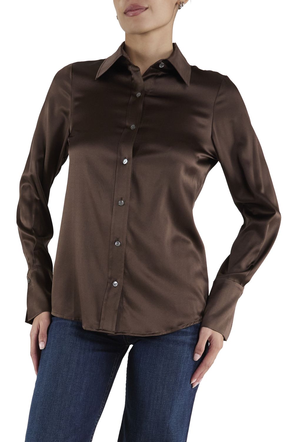 VICTORIA SILK BUTTON DOWN BLOUSE, Color: HERITAGE BROWN, SIZE: XS