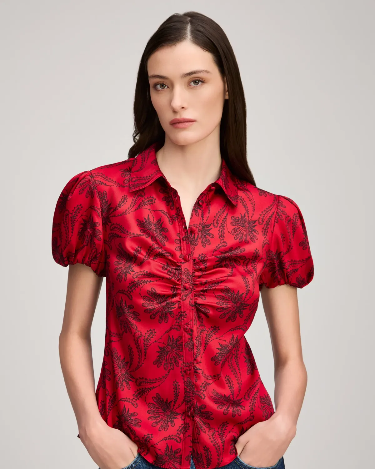 PAISLEY FAN SOLANGE TOP, Color: WARM CRANBERRY/BLACK, SIZE: XS