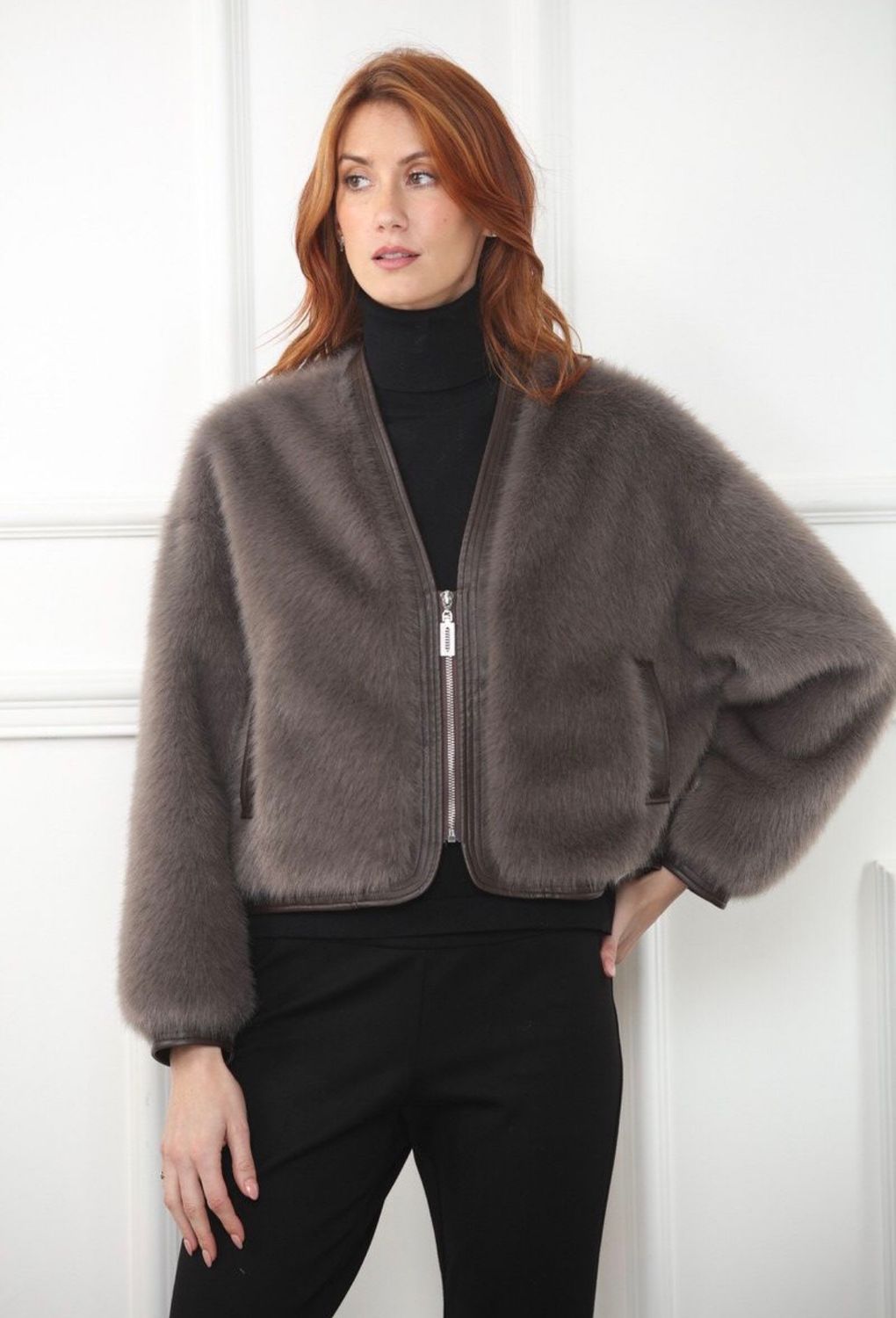 FAUX FUR ZIP JACKET, Color: TAUPE, SIZE: XS