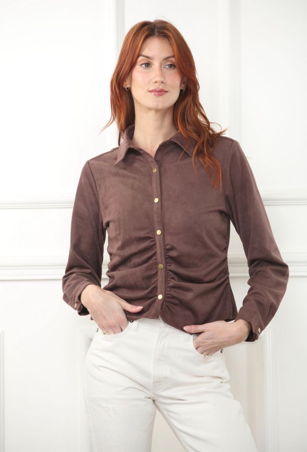 SUEDE SHIRT IN MOCHA, Color: MOCHA, SIZE: XS