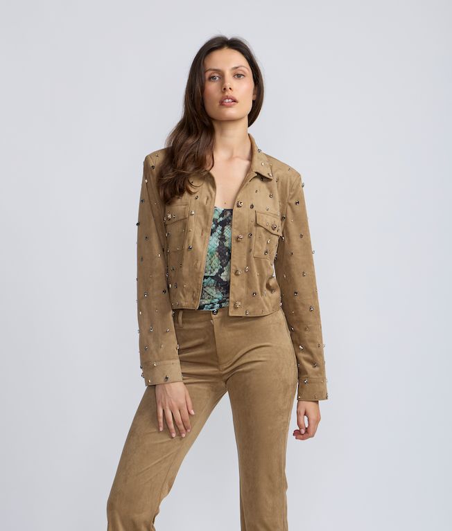 JEWEL TRIM FAUX SUEDE JACKET, Color: CAMEL, SIZE: S