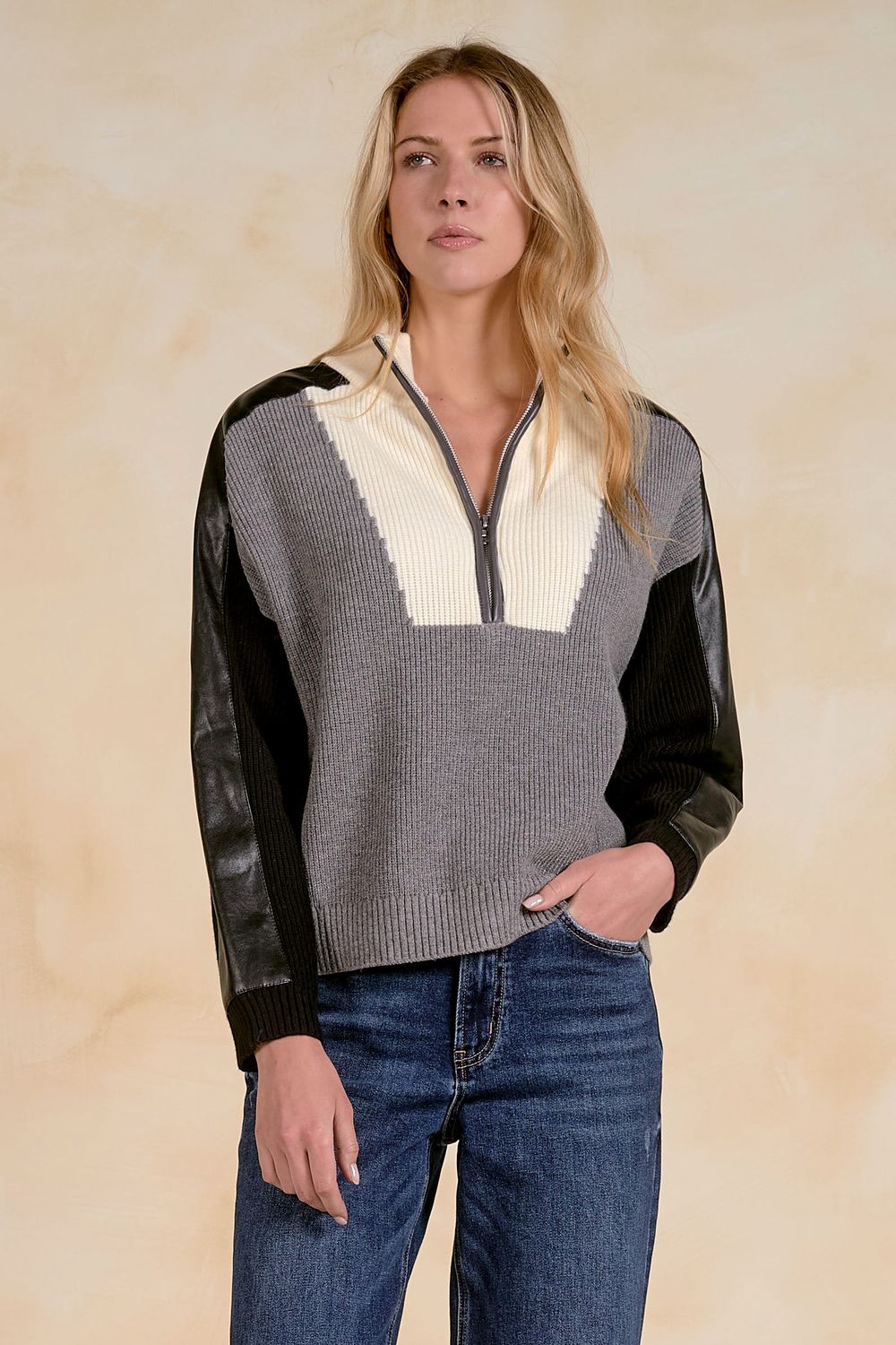 1/4 ZIP SWEATER, Color: GREY COLOR BLOCK, SIZE: XS