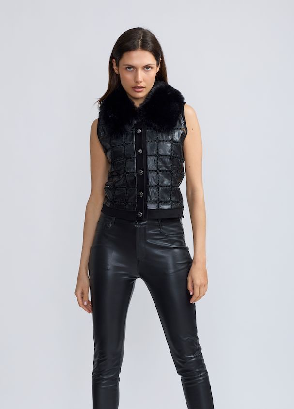 CROCHET PLEATHER VEST WITH FAUX FUR COLLAR, Color: BLACK, SIZE: XS