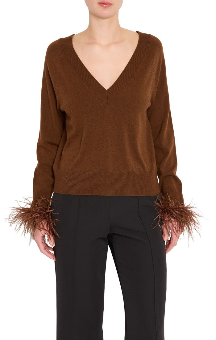 FEATHER CUFF V-NECK SWEATER, Color: BROWN, SIZE: XS