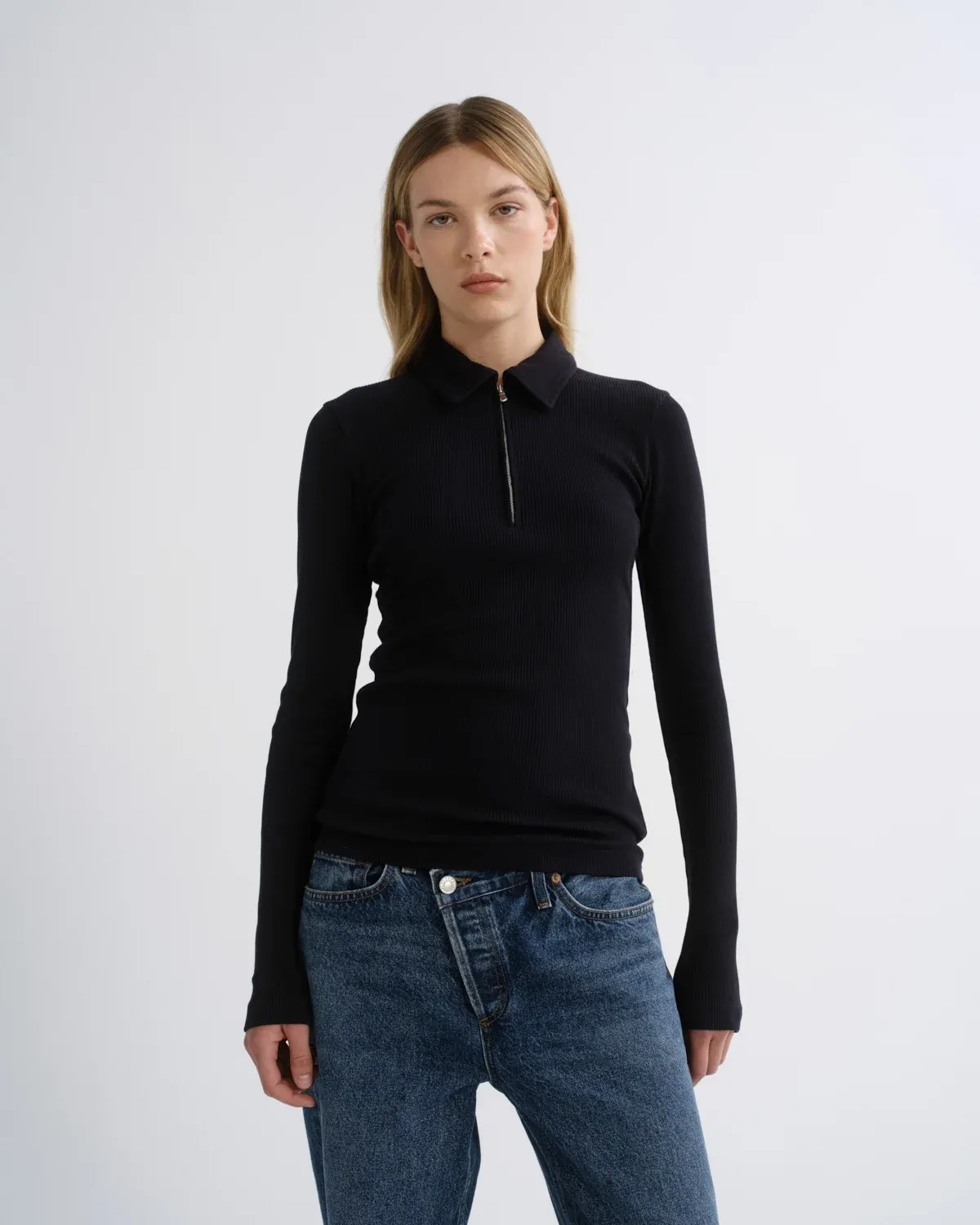 AMICA ZIP POLO, Color: BLACK, SIZE: XS