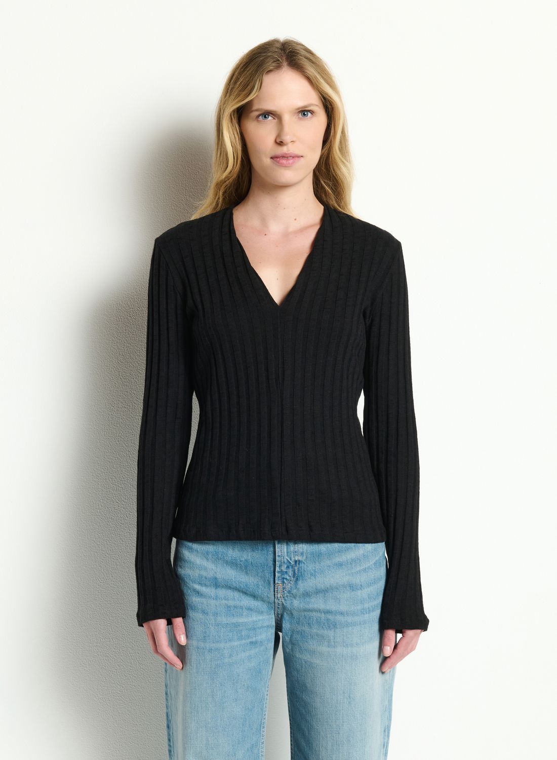 ILONA SLIM V-NECK TOP, Color: BLACK, SIZE: XS