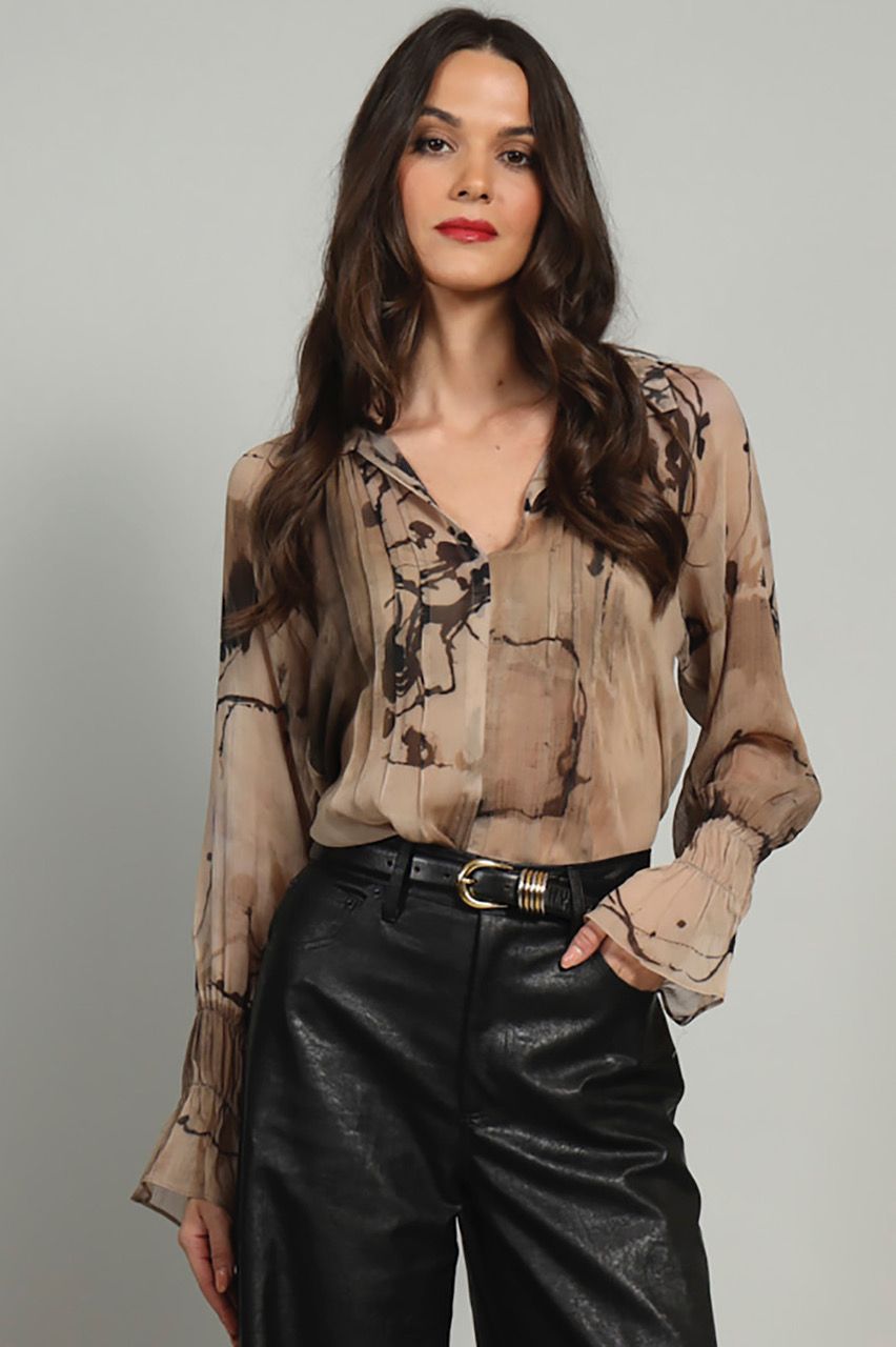 INK DRAWING BLOUSE, Color: BROWN, SIZE: XS