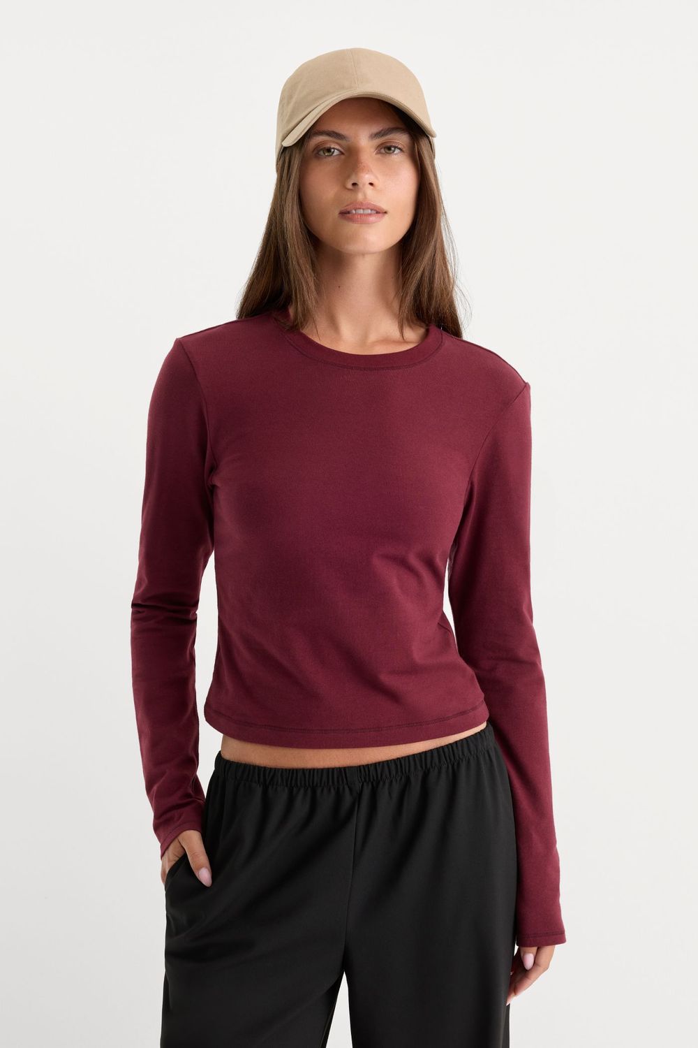 THE LONG SLEEVE BABY TEE, Color: BERRY NOIR, SIZE: XS