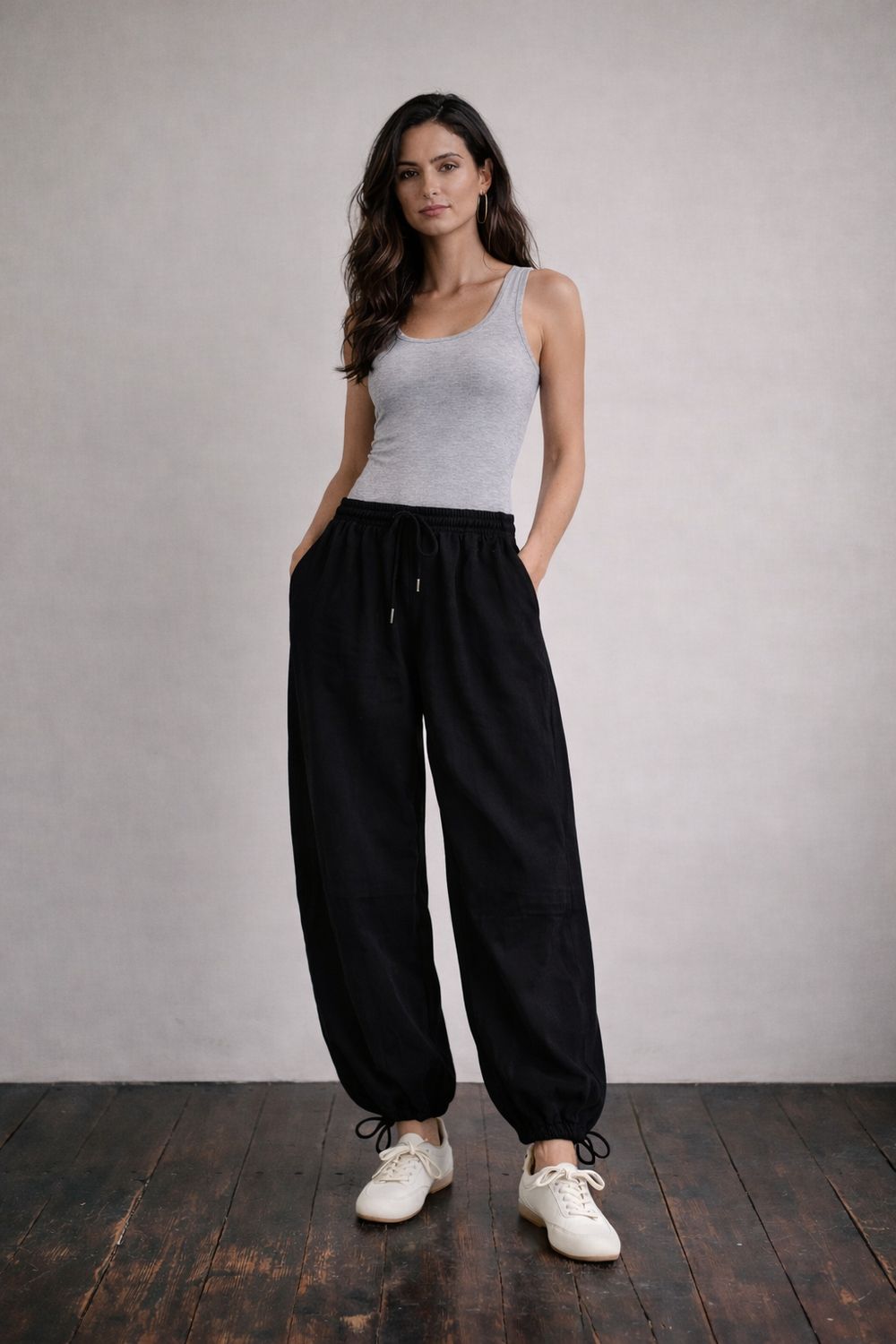 STRETCH TWILL PARACHUTE PANTS, Color: BLACK, SIZE: XS