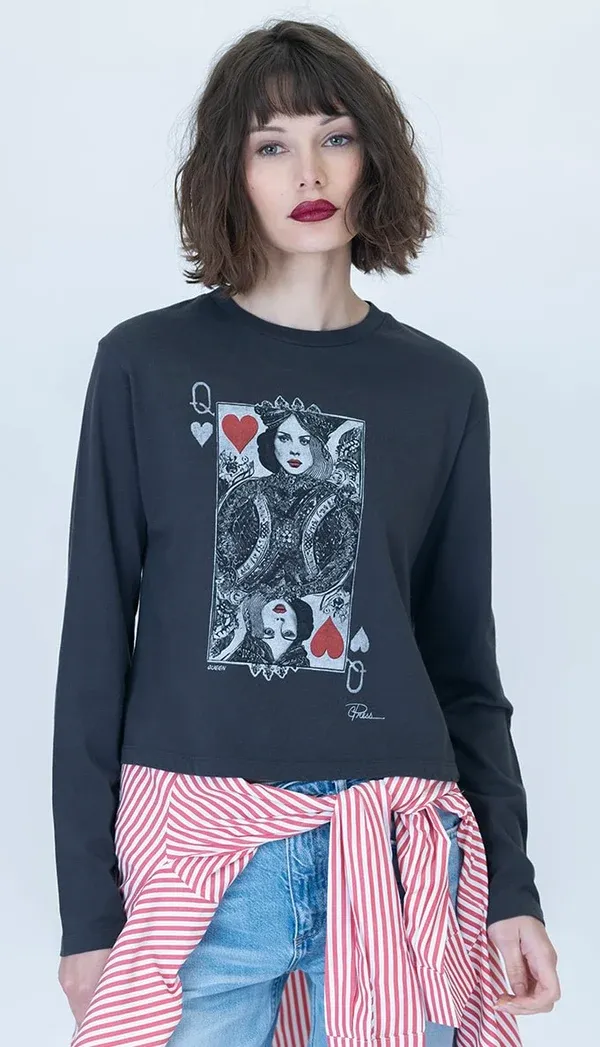 QUEEN SUNDAY LONG SLEEVE TEE, Color: WORN BLACK HIGHLIGHTER COLOR, SIZE: XS