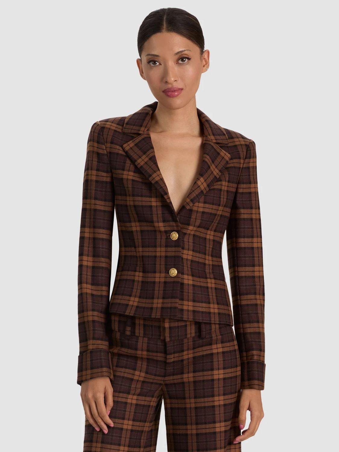 MACEY CROPPED FITTED BLAZER, Color: DARK CHOCOLATE/CAMEL, SIZE: 2