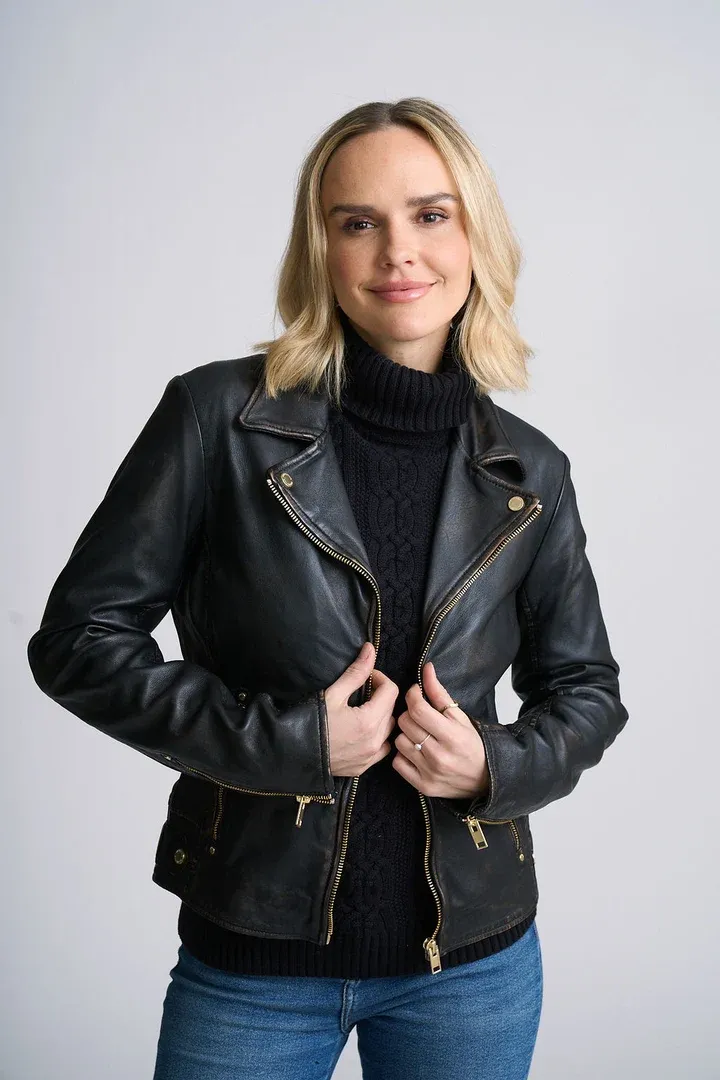 HAZIE RF LEATHER JACKET, Color: ANTIQUE BLACK, SIZE: S