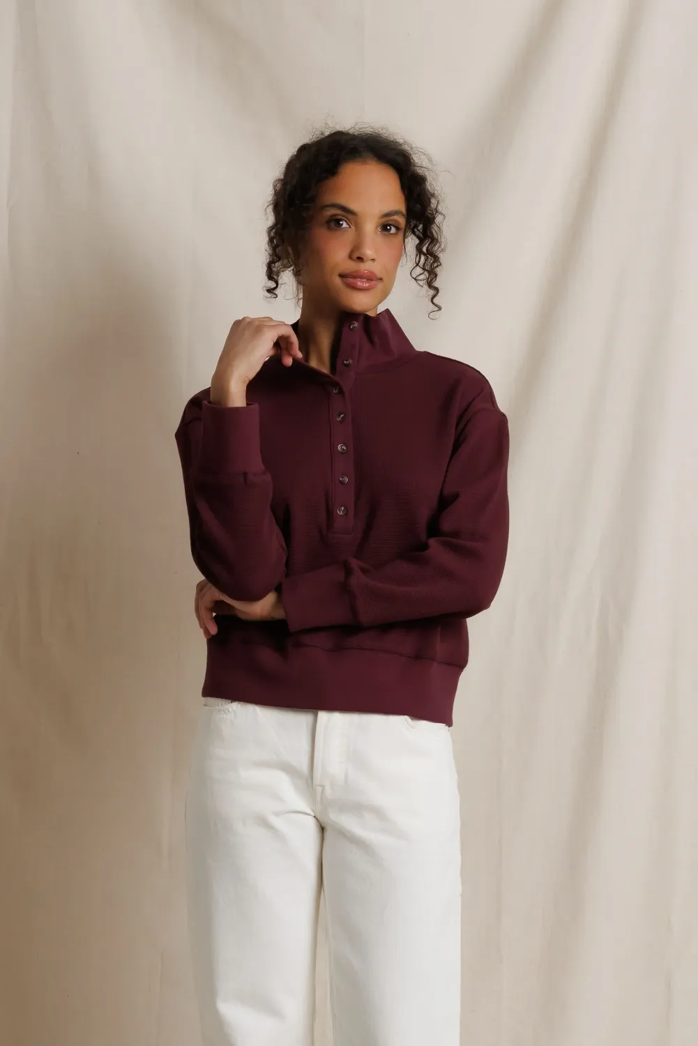 ZIA WAFFLE KNIT POPOVER PULLOVER, Color: CHERRY LACQUER, SIZE: XS