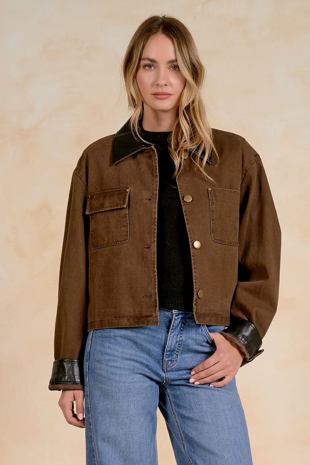 JACKET WITH LEATHER TRIM, Color: COCOA, SIZE: XS