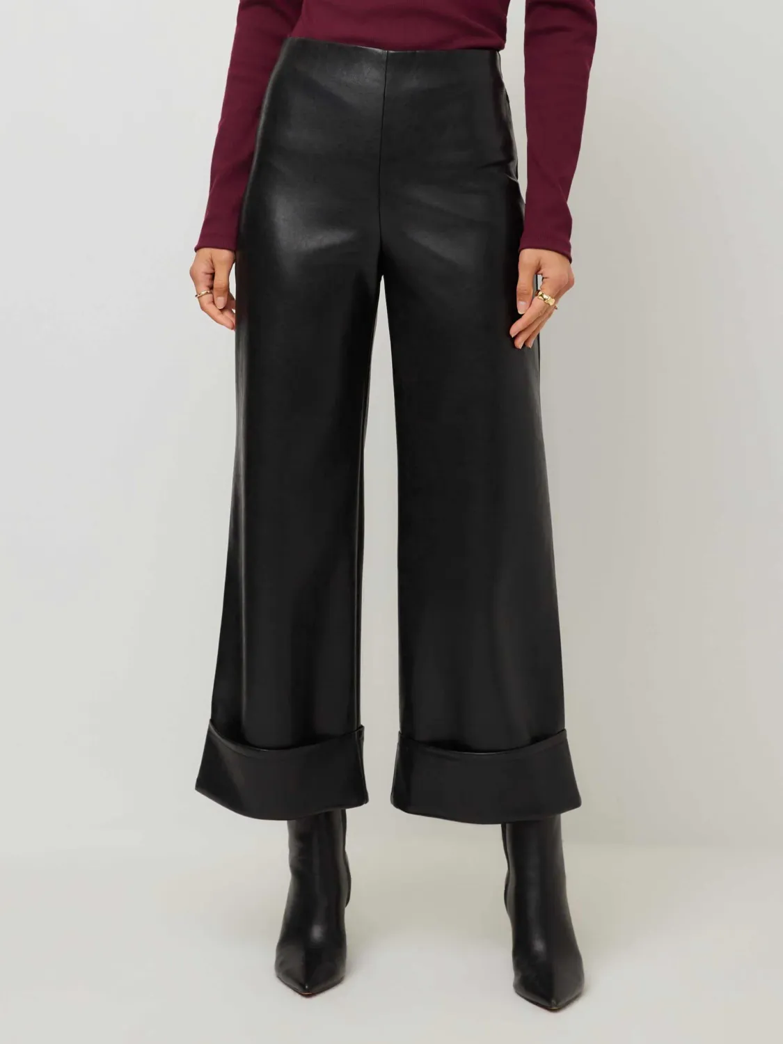 REGINA FAUX LEATHER CROPPED CUFF PANTS, Color: BLACK, SIZE: XS