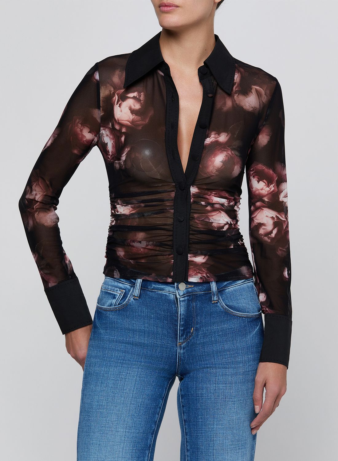 ISOLA MESH BUTTON UP, Color: BLACK/MAUVE DISTRESSED ROSE, SIZE: XS