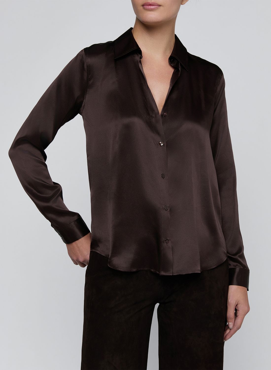 TYLER L/S SILK BLOUSE, Color: DARK JAVA, SIZE: XS