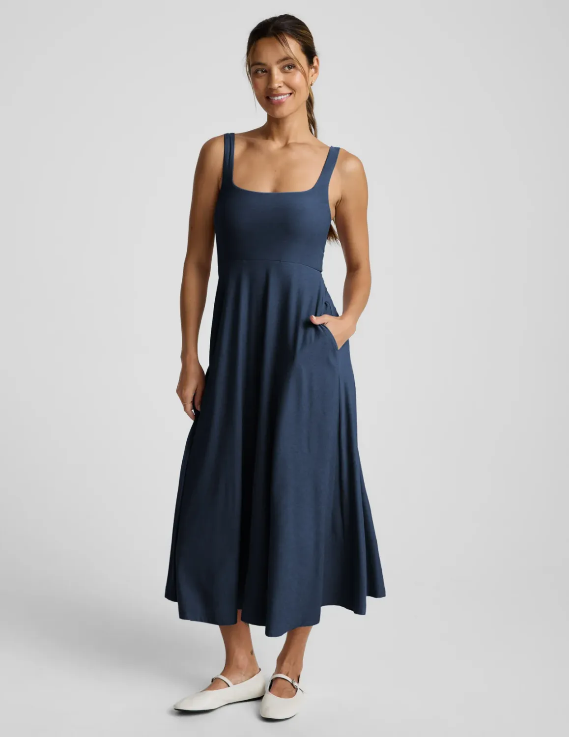 FEATHERWEIGHT AT THE READY SQUARE NECK DRESS, Color: NOCTURNAL NAVY, SIZE: XS