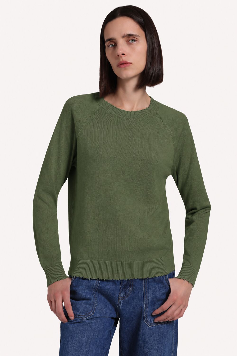 COTTON CASHMERE FRAYED EDGE CREW ARMY, Color: ARMY, SIZE: XS