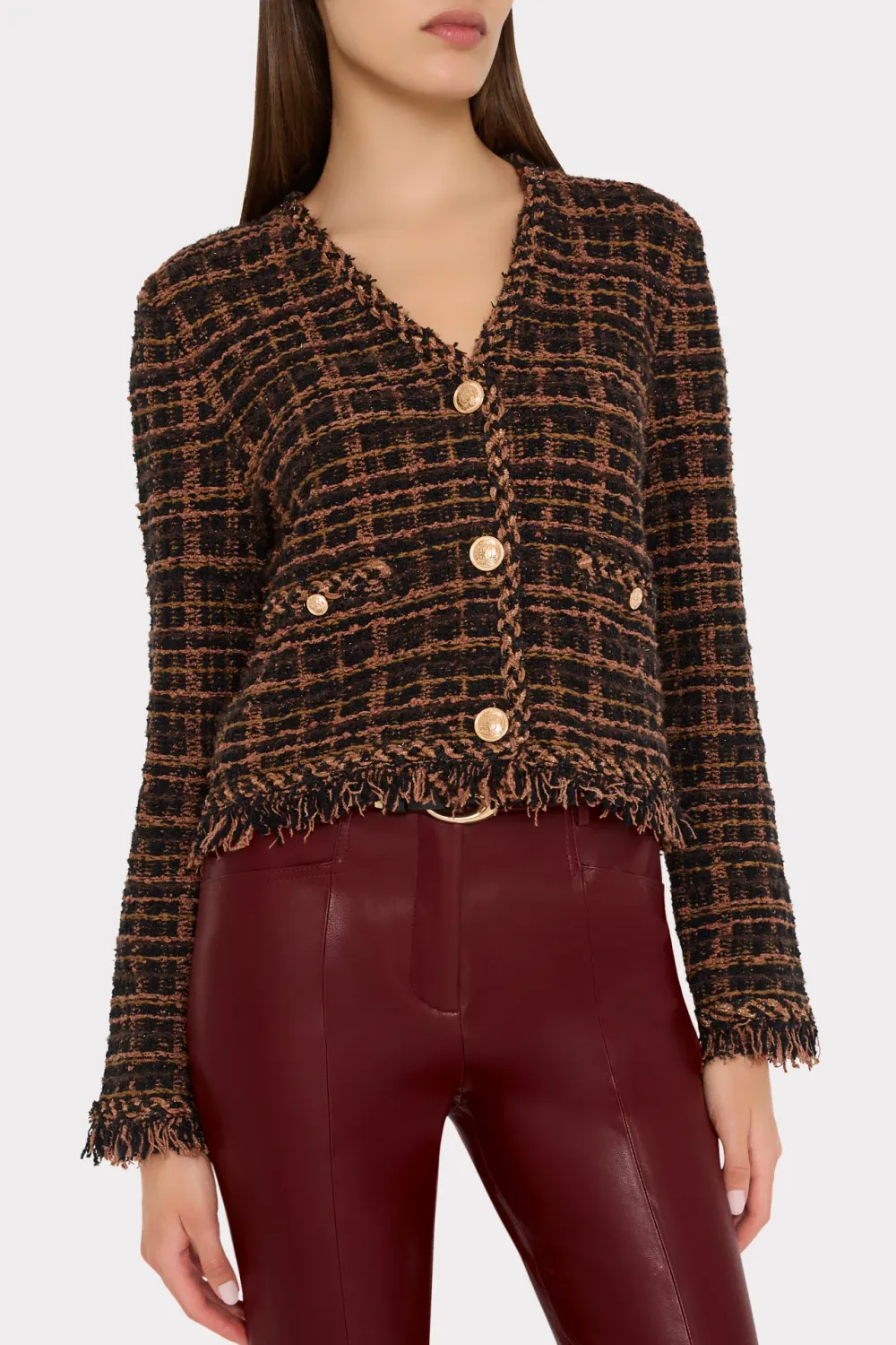 DAPHNE FRINGE CARDIGAN JACKET, Color: BROWN/BLACK, SIZE: XS