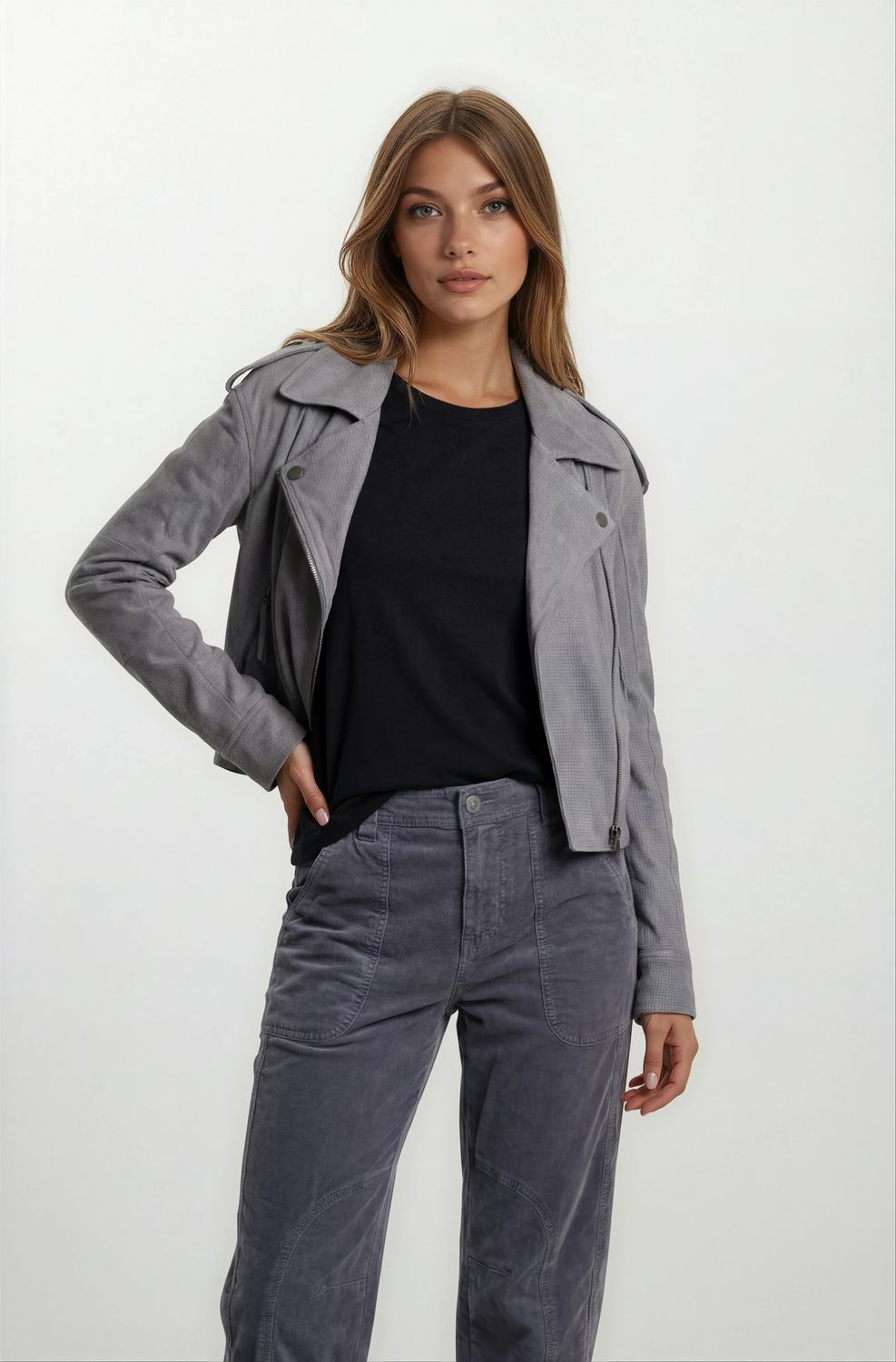ADAIR PERFORATED SUEDE MOTO JACKET, Color: STEEL, SIZE: XS