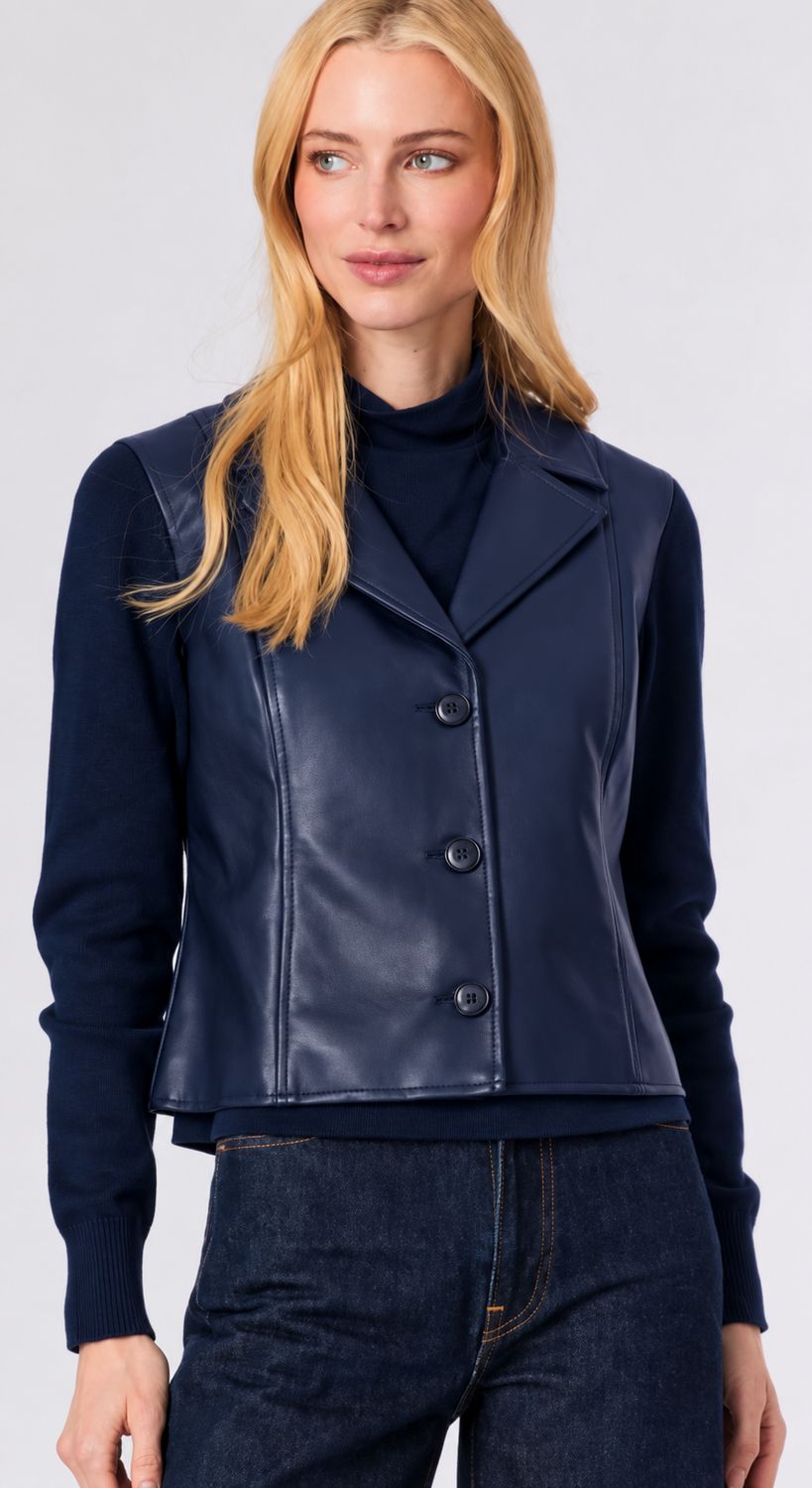 KNIT SLEEVE JACKET, Color: NAVY, SIZE: XS