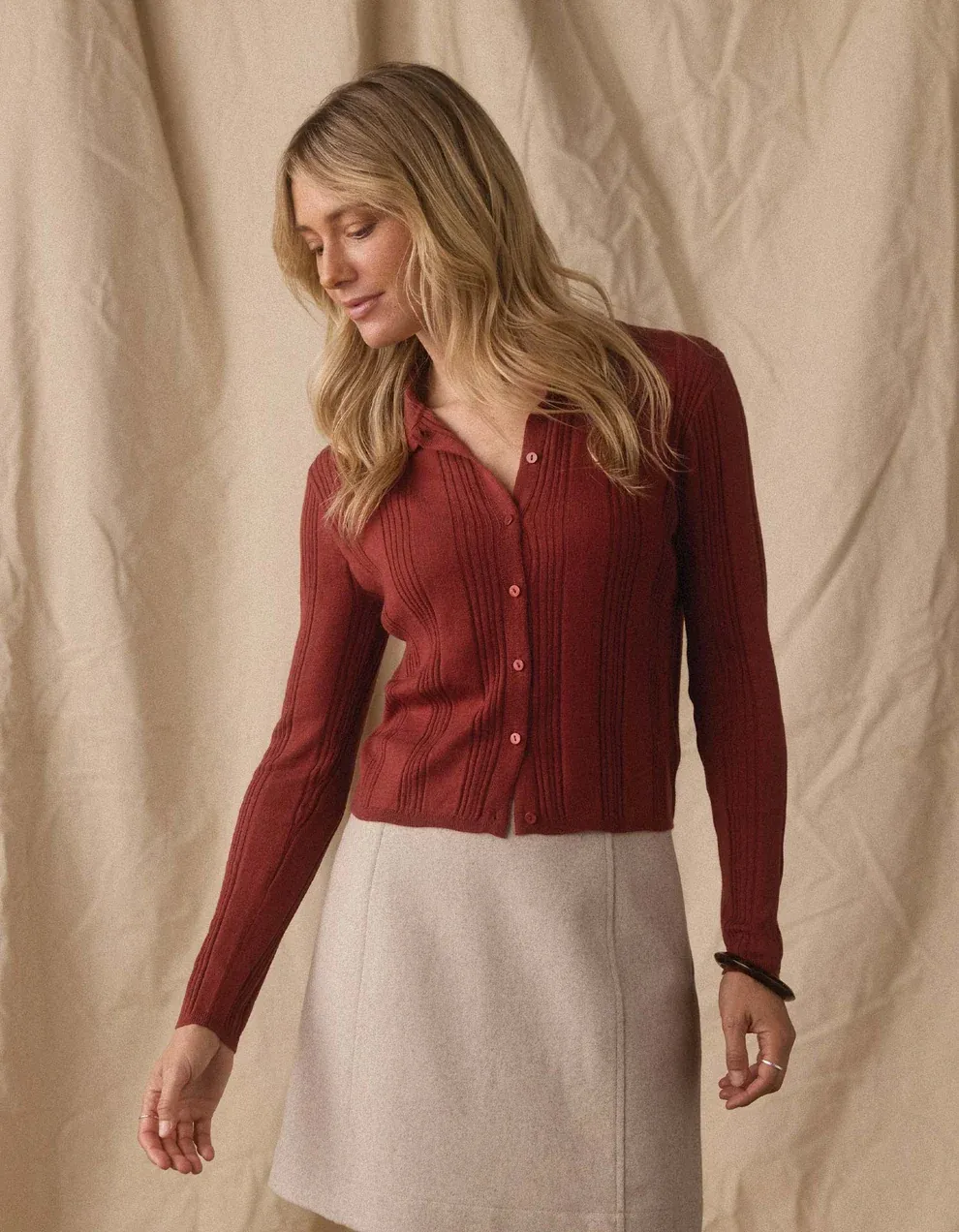 RAVELLO KNIT BUTTON UP, Color: COCOA, SIZE: XS