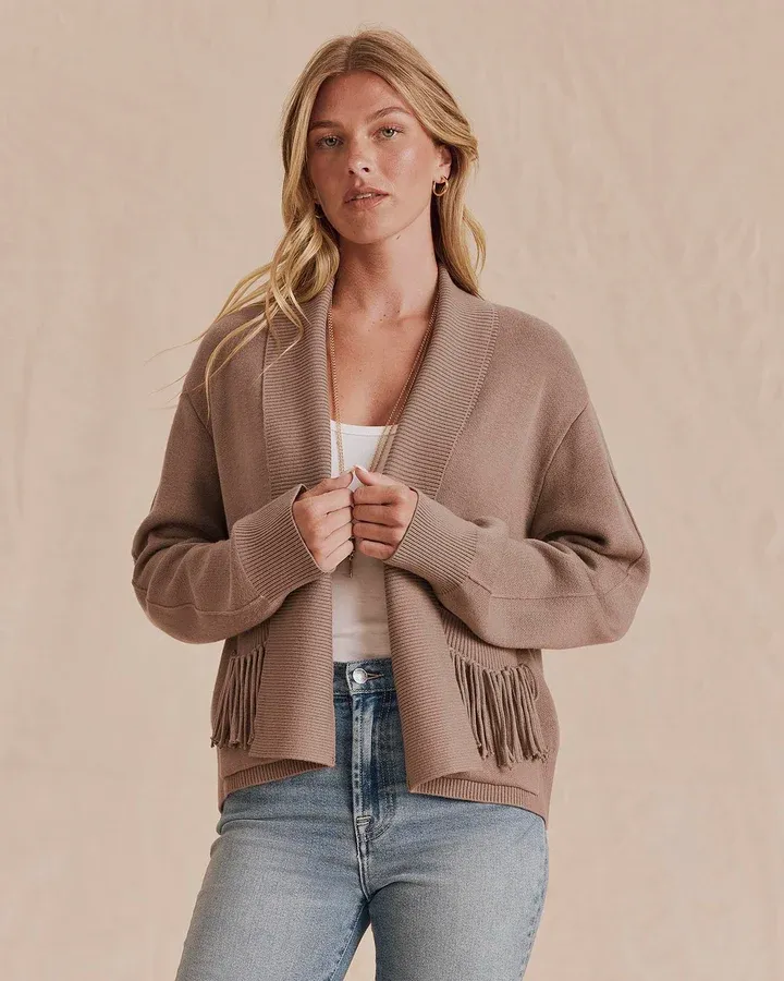 WILLOW FRINGE CARDIGAN, Color: TAUPE, SIZE: XS