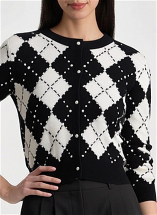 CAROLEE EMBELLISHED ARGYLE CARDIGAN, Color: BLACK/SOFT WHITE, SIZE: S